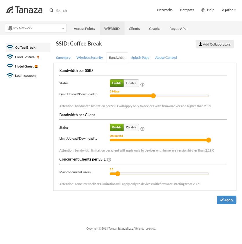 Bandwidth Control per SSID, per Client and Clients per SSID