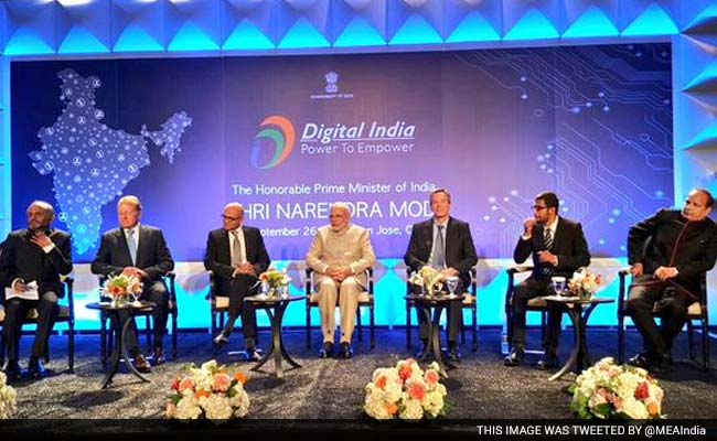 Narendra Modi, the prime minister of India, together with Satya Nadella, Microsft CEO, and Sundar Pichai, Google CEO, present the Digital India programme that will help solve the current digital divide and will lead to transformative results globally, especially for India and the United States. Digital India Conference