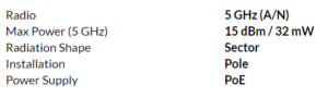 radio: 5 GHz (A/N); max power: 15 dBm/32 mW; radiation shape: sector; installation: pole; power supply: PoE