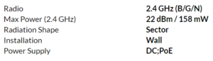 radio: 2.4 GHz (B/G/N); max power: 22 dBm/158 mW; radiation shape: sector; installation: wall; power supply: DC; PoE
