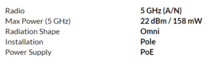 radio: 5 GHz (A/N); max power: 22 dBm/158 mW; radiation shape: omni; installation: pole; power supply: PoE