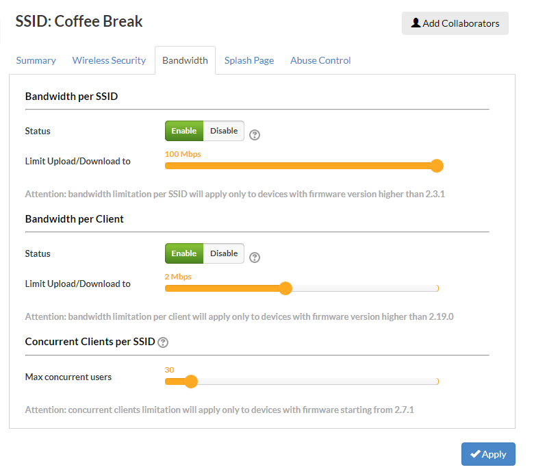 Bandwidth per SSID, Client and Concurrent Clients per SSID